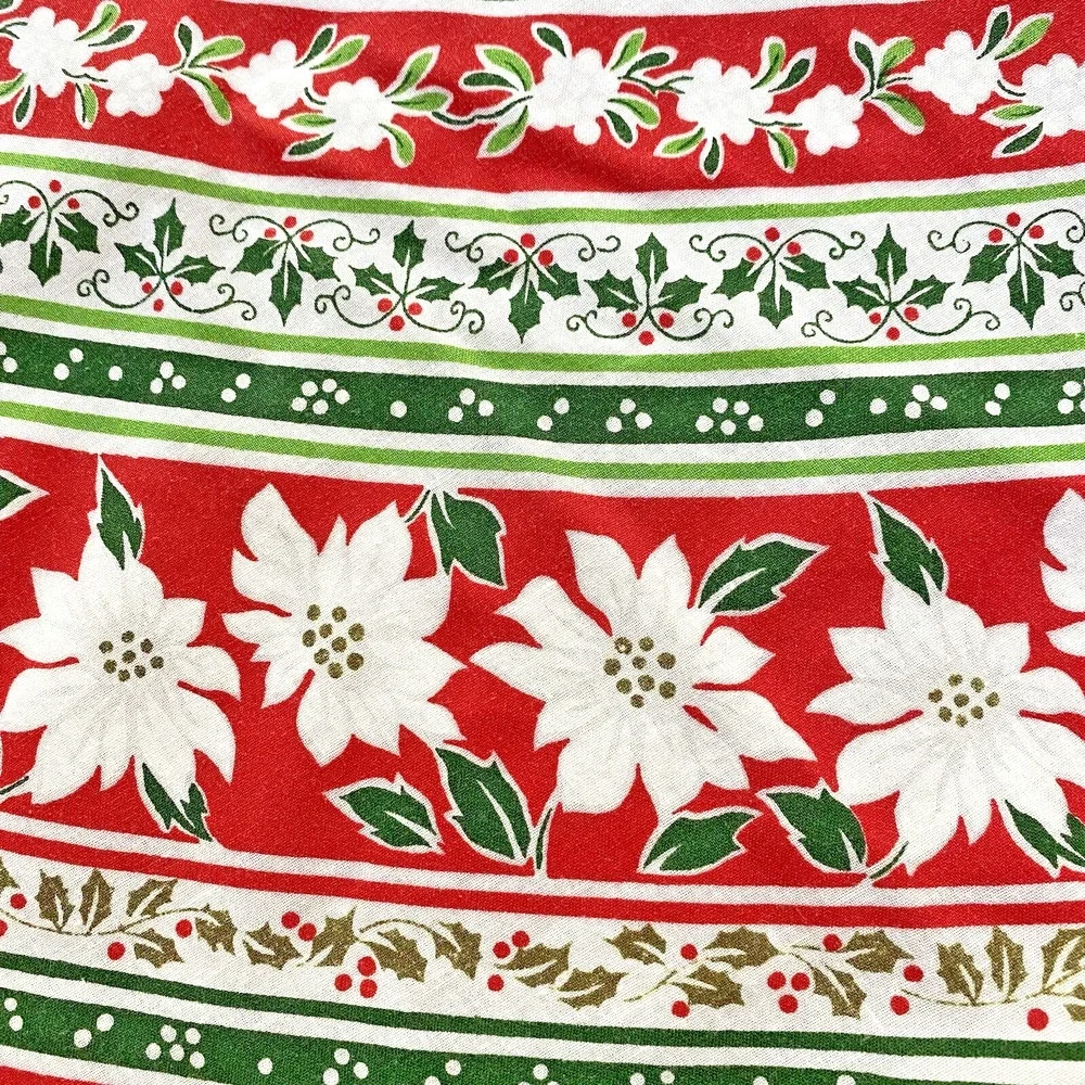 Vintage Christmas Tablecloth White Cotton Red & Green Border Oval Retro Holiday